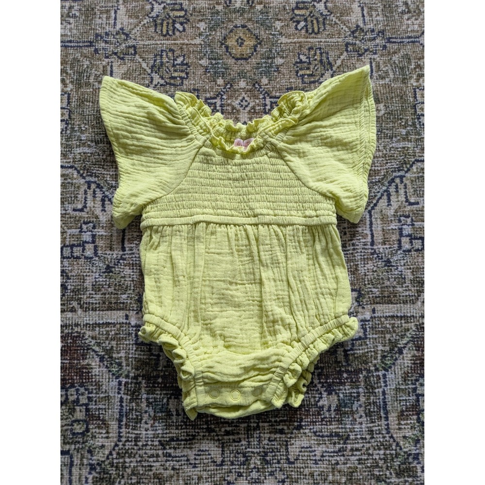 Ivy City Co Jovie Lime Yellow Smocked Cotton Gauze Romper 3-6M